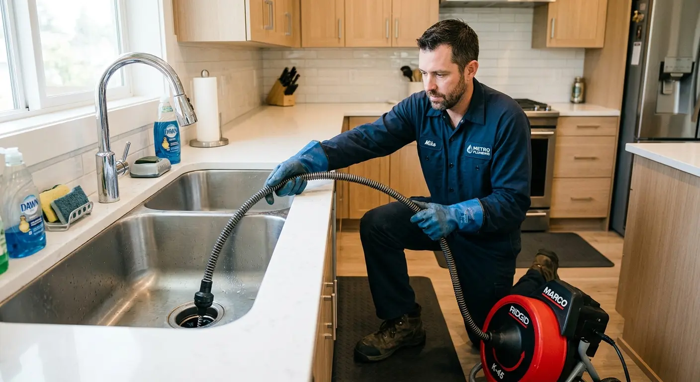 Drain cleaning technician using a motorized snake on a kitchen sink in South San Jose Hills