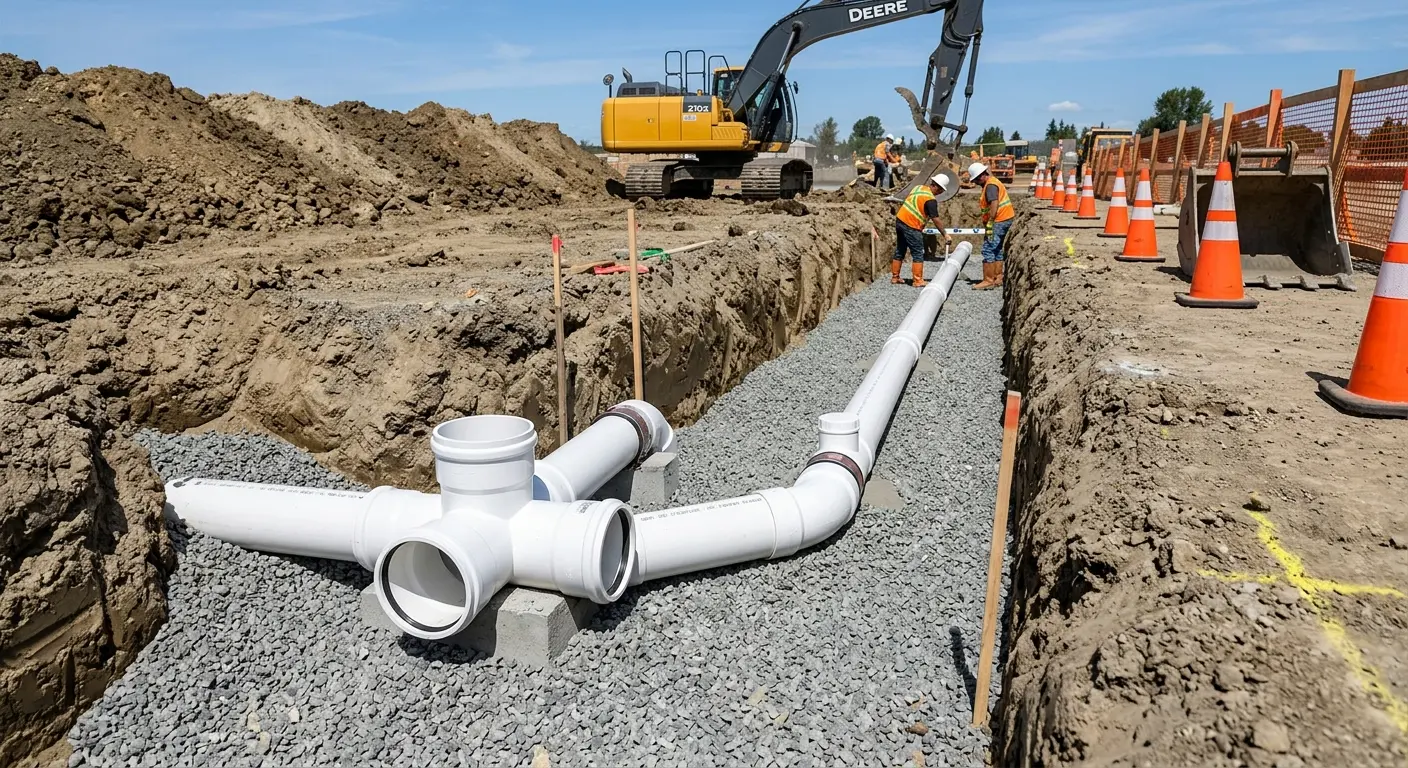 New PVC sewer pipe installation in open trench for Sewer Backup in South San Jose Hills