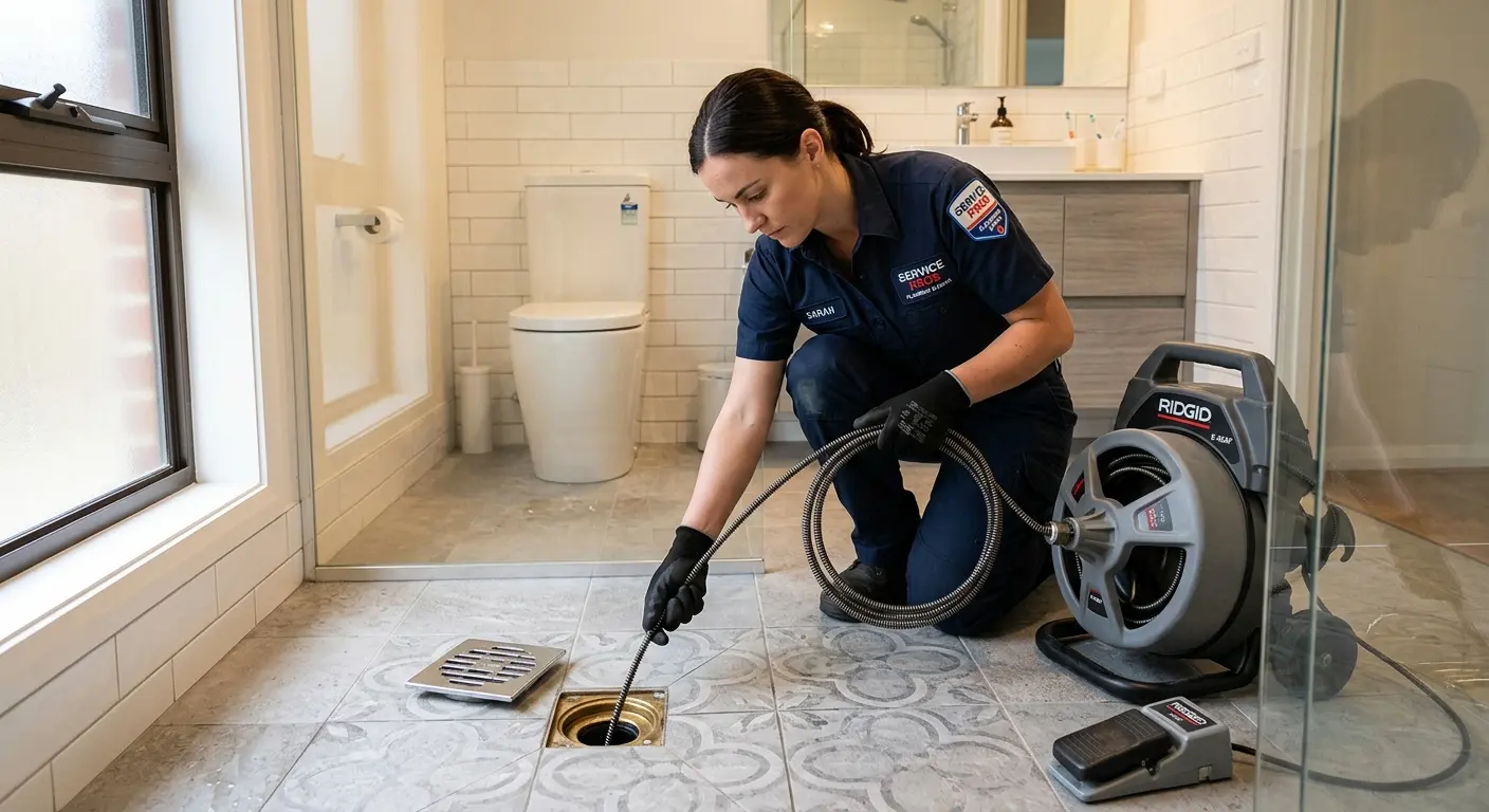 Technician clearing a bathroom floor drain for Sewer Line Replacement in South San Jose Hills